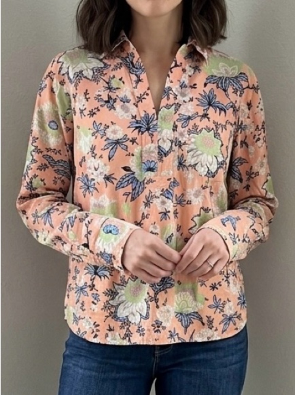 Talbots Floral Split Neck Woven Cotton Popover Blouse S